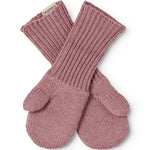 Knitted baby gloves in dusty rose with crossed fingers and ribbed cuff.