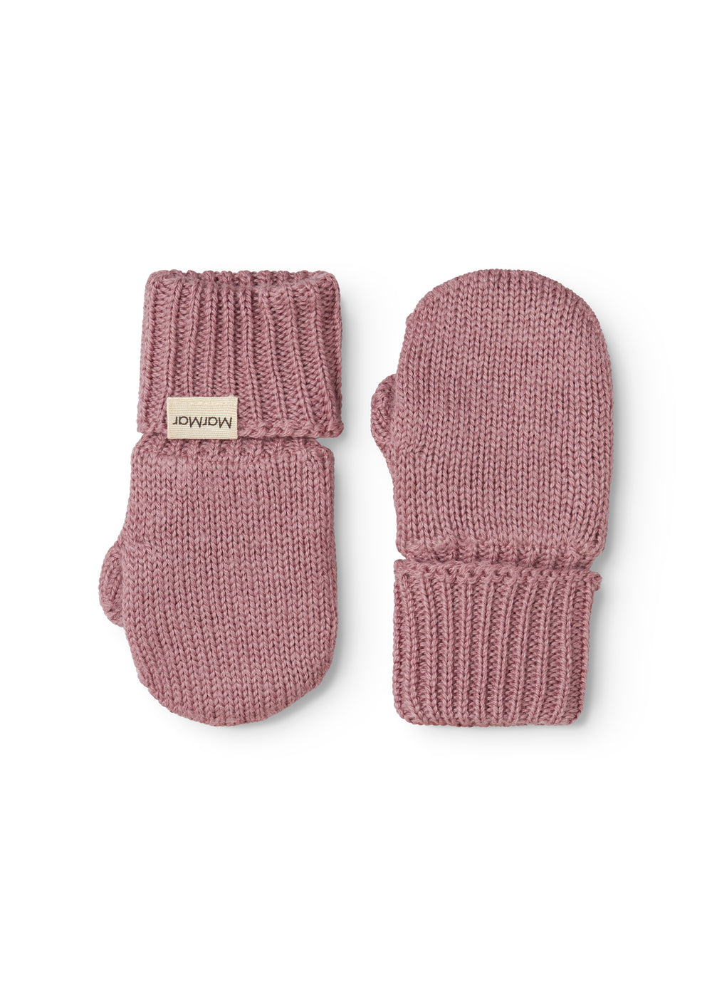Striped baby mittens in dusty rose with ribbed edge and brand tag.