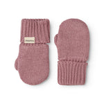 Striped baby mittens in dusty rose with ribbed edge and brand tag.