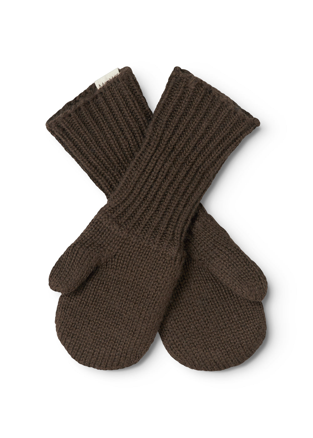 Dark brown knitted gloves with rounded ends and thumb hole
