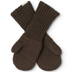 Dark brown knitted gloves with rounded ends and thumb hole