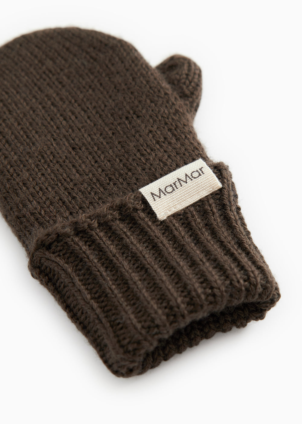 Dark brown knitted gloves with ribbed edge and sewn-in label.