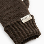 Dark brown knitted gloves with ribbed edge and sewn-in label.
