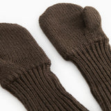 Dark brown knitted gloves with ribbed edge and thumb hole.