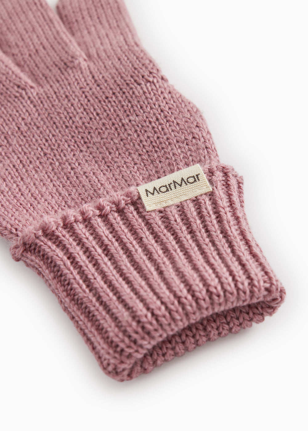 Pink and rose‑brown leather with MarMar branding at the wrist and ribbed edge.