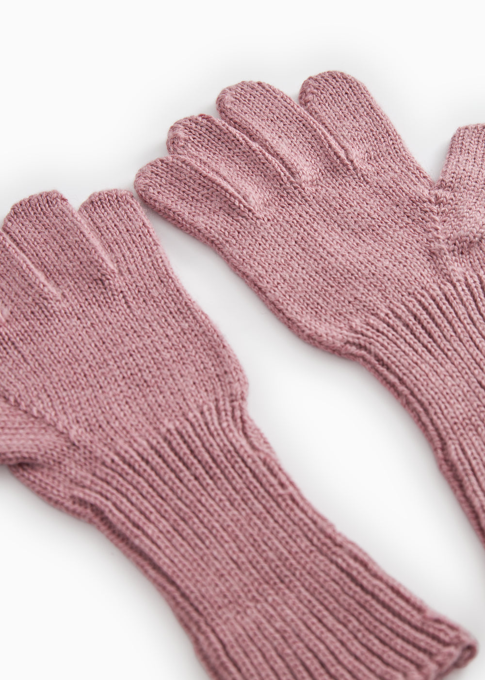 Details of pink-raspberry striped gloves with ribbed fingers and thumb.