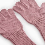 Details of pink-raspberry striped gloves with ribbed fingers and thumb.