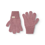 Pink leather gloves with ribbed edge and five-finger cut.