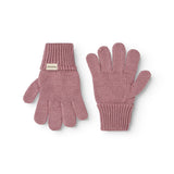 Pink leather gloves with ribbed edge and five-finger cut.