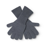 Gray rib-knit gloves with ribbing and decorative seams, opening at the wrist.