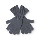 Gray rib-knit gloves with ribbing and decorative seams, opening at the wrist.
