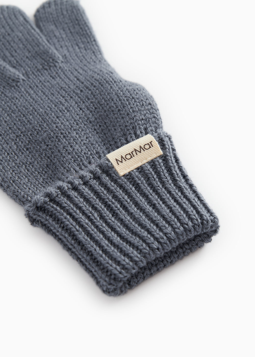Gray ribbed gloves with ribbed edge and MarMar logo on the cuff.
