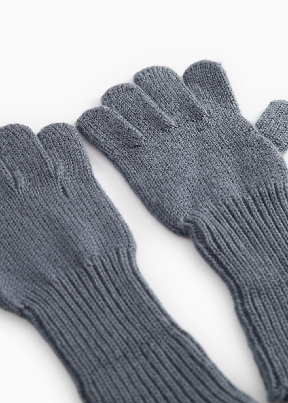 Gray ribbed knit gloves with short cuffs, snug thumb.