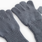 Gray ribbed knit gloves with short cuffs, snug thumb.
