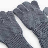 Gray ribbed knit gloves with short cuffs, snug thumb.