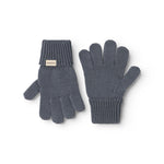 Grey knit gloves set with ribbed cuff and five fingers, soft knit.