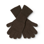 Black leather gloves with ribbed edges and five fingers, folded together.