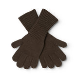 Black leather gloves with ribbed edges and five fingers, folded together.