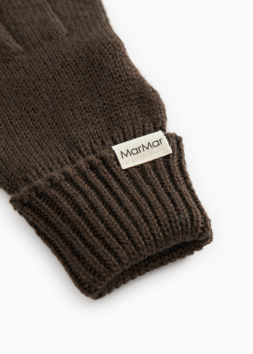 Dark brown knit gloves with ribbed cuff and MarMar logo tag.