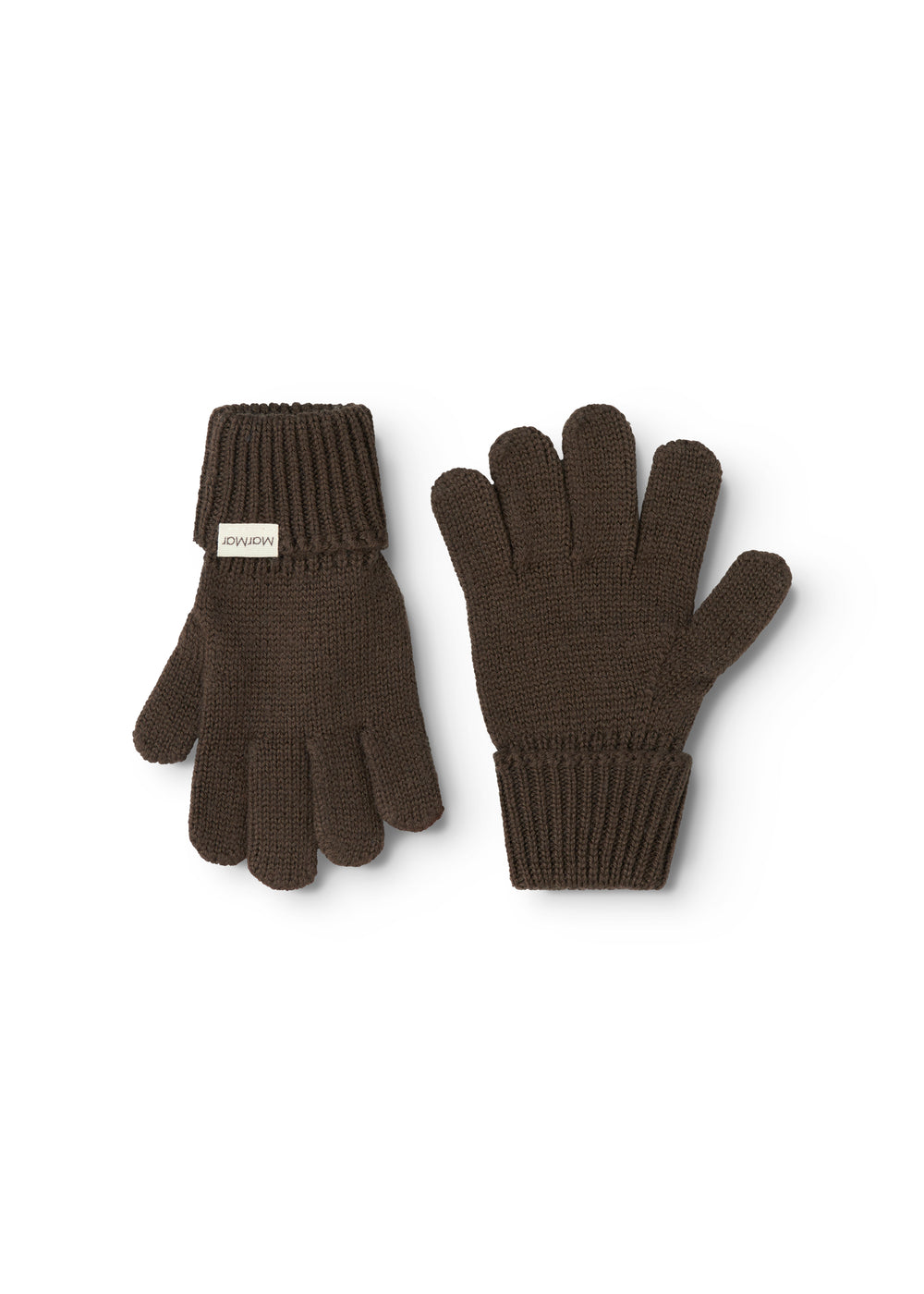 Black leather gloves in dark brown with ribbed edge and five fingers, paired in front.