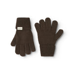 Black leather gloves in dark brown with ribbed edge and five fingers, paired in front.