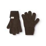 Black leather gloves in dark brown with ribbed edge and five fingers, paired in front.