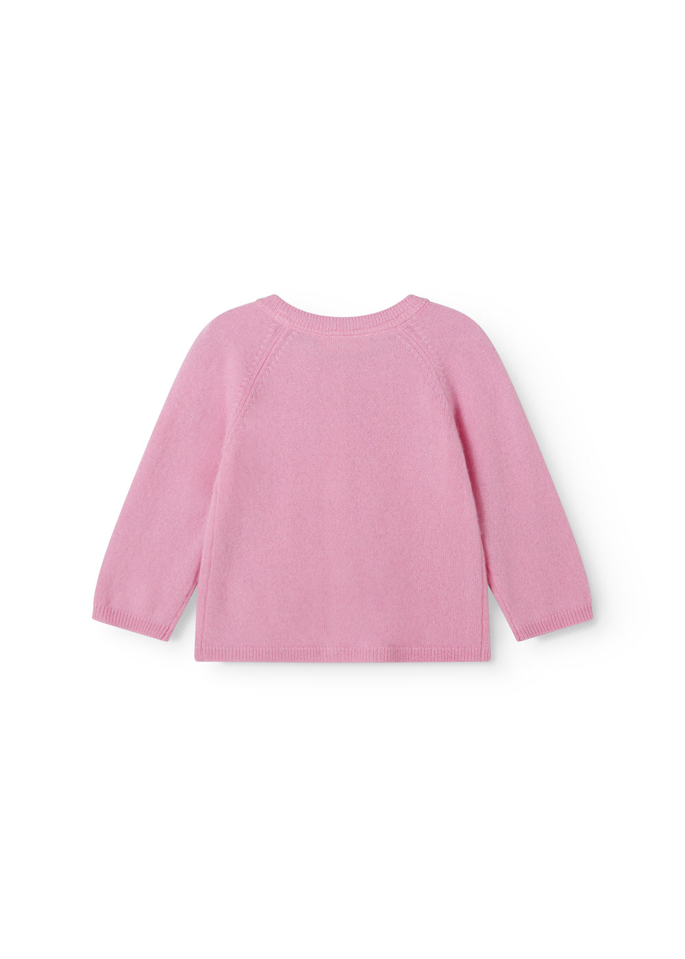 Pink Kashmir cardigan with ribbed collar and sleeves.