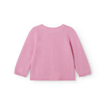 Pink Kashmir cardigan with ribbed collar and sleeves.