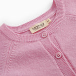 Pink Kashmir cardigan with crew neck, ribbed trim, and buttons