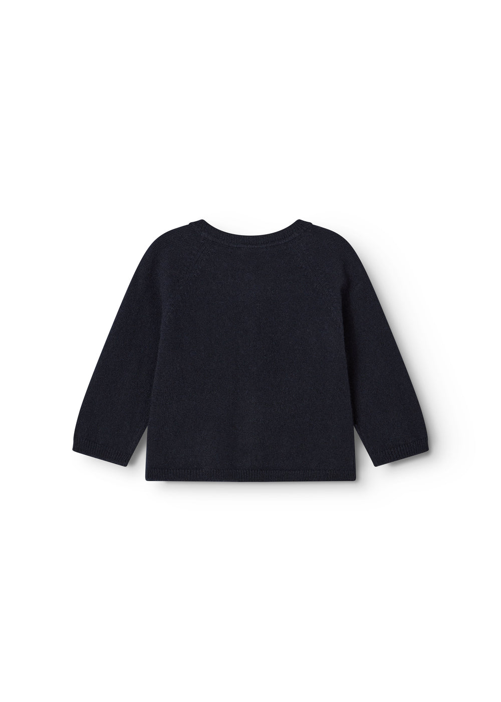 Dark indigo baby cardigan, set from the back with round neck and long sleeves.