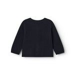 Dark indigo baby cardigan, set from the back with round neck and long sleeves.