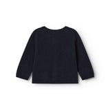 Dark indigo baby cardigan, set from the back with round neck and long sleeves.