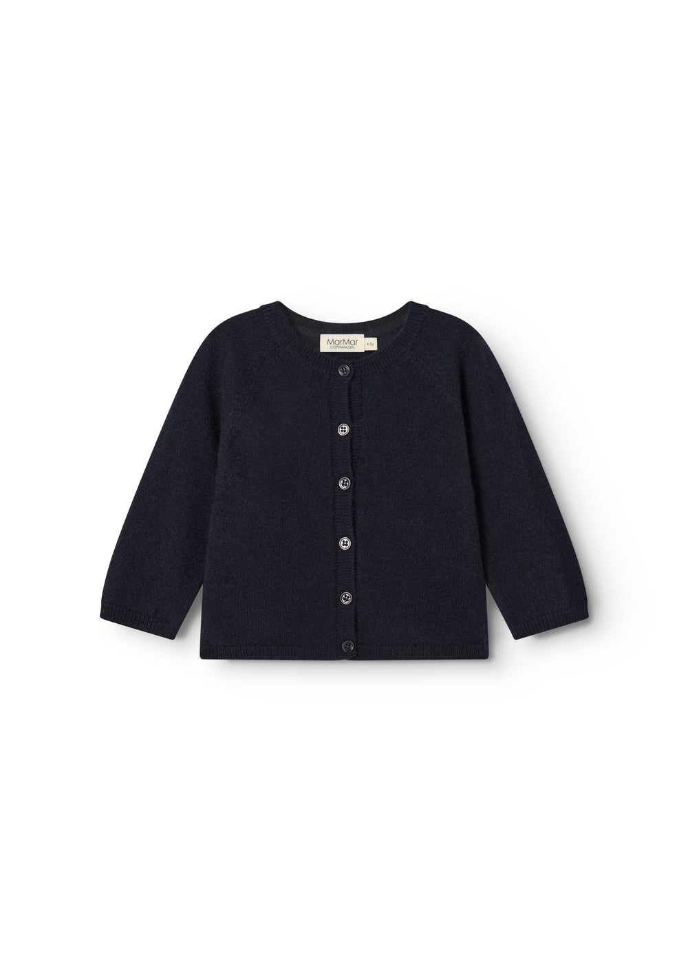 Dark indigo baby cardigan with front buttons and long sleeves