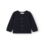 Dark indigo baby cardigan with front buttons and long sleeves