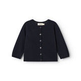 Dark indigo baby cardigan with front buttons and long sleeves