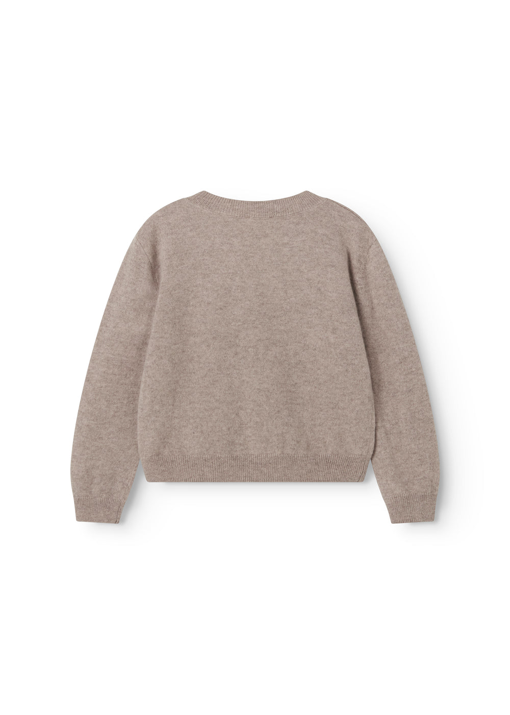 Gray ribbed knit blouse with round neck, seen from behind.