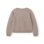 Gray ribbed knit blouse with round neck, seen from behind.