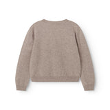 Gray ribbed knit blouse with round neck, seen from behind.