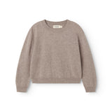 Gray textured knit blouse with round neck and ribbed edges on sleeves and hem.
