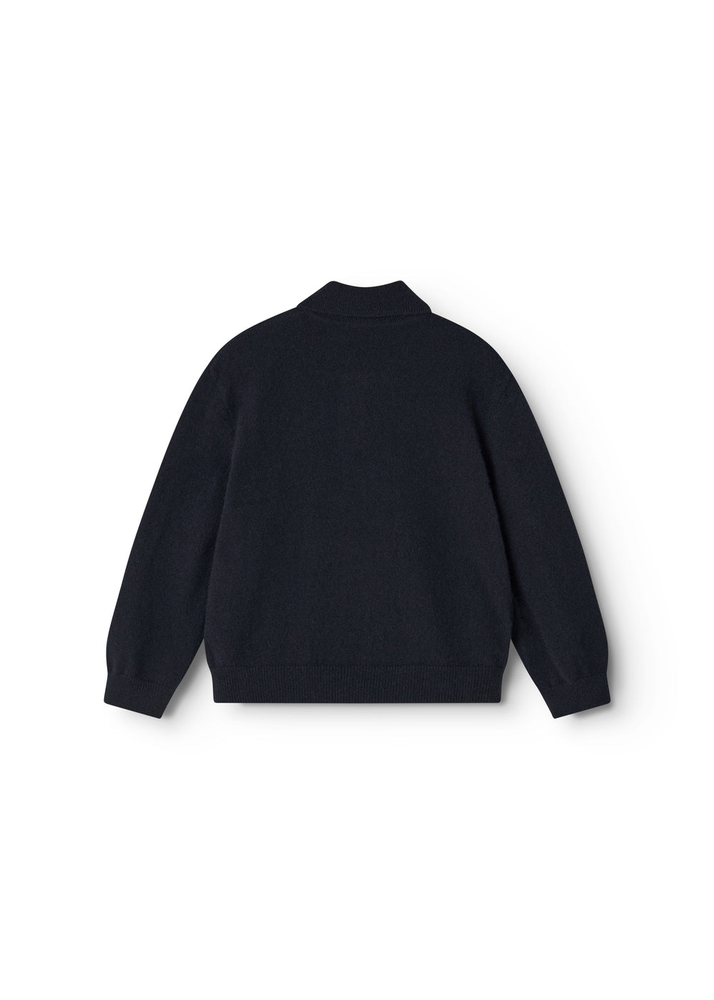 Long-sleeve polo shirt in dark indigo seen from behind with collar