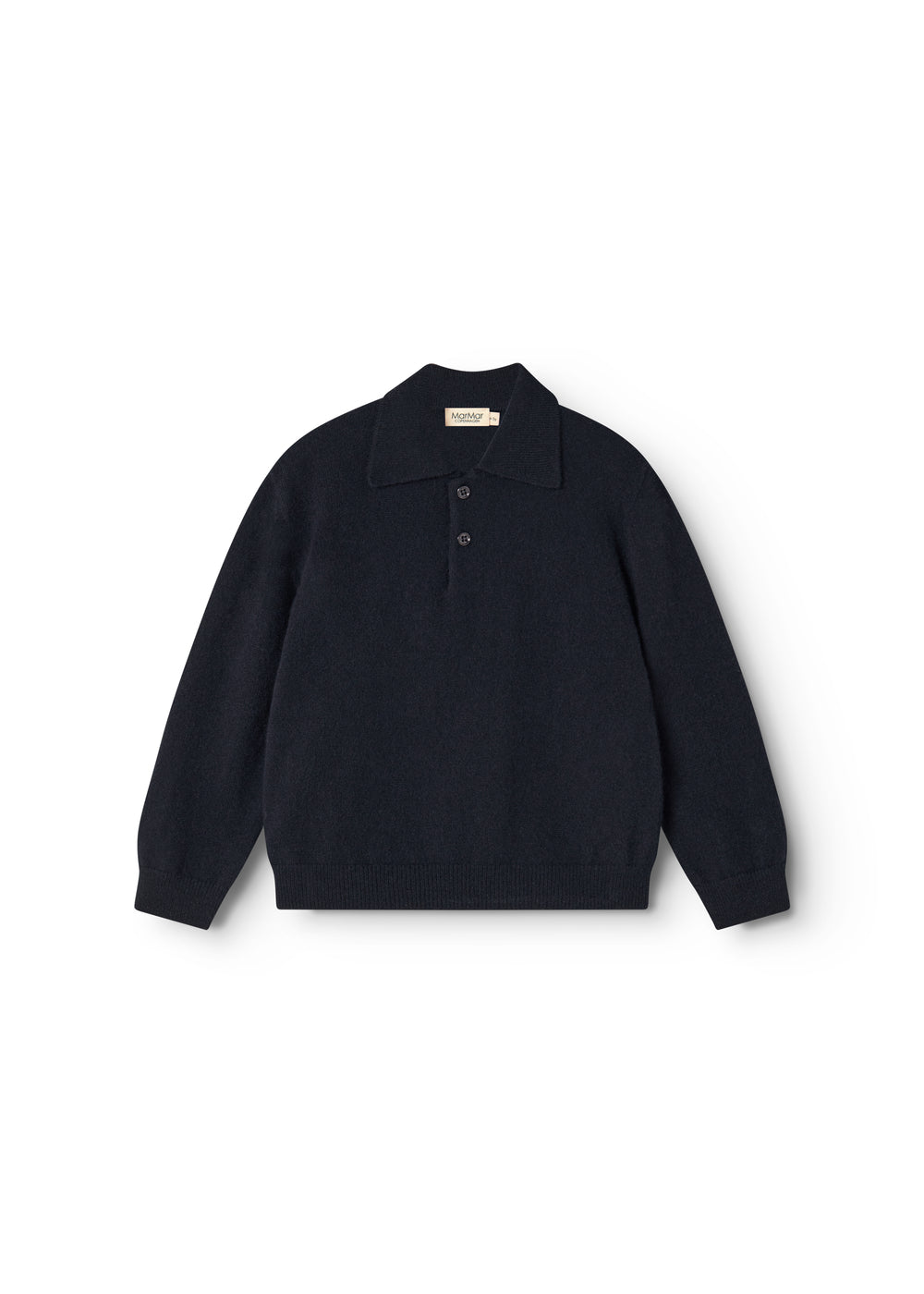 Long-sleeve polo shirt in dark indigo with button placket and collar.