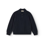 Long-sleeve polo shirt in dark indigo with button placket and collar.