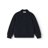 Long-sleeve polo shirt in dark indigo with button placket and collar.