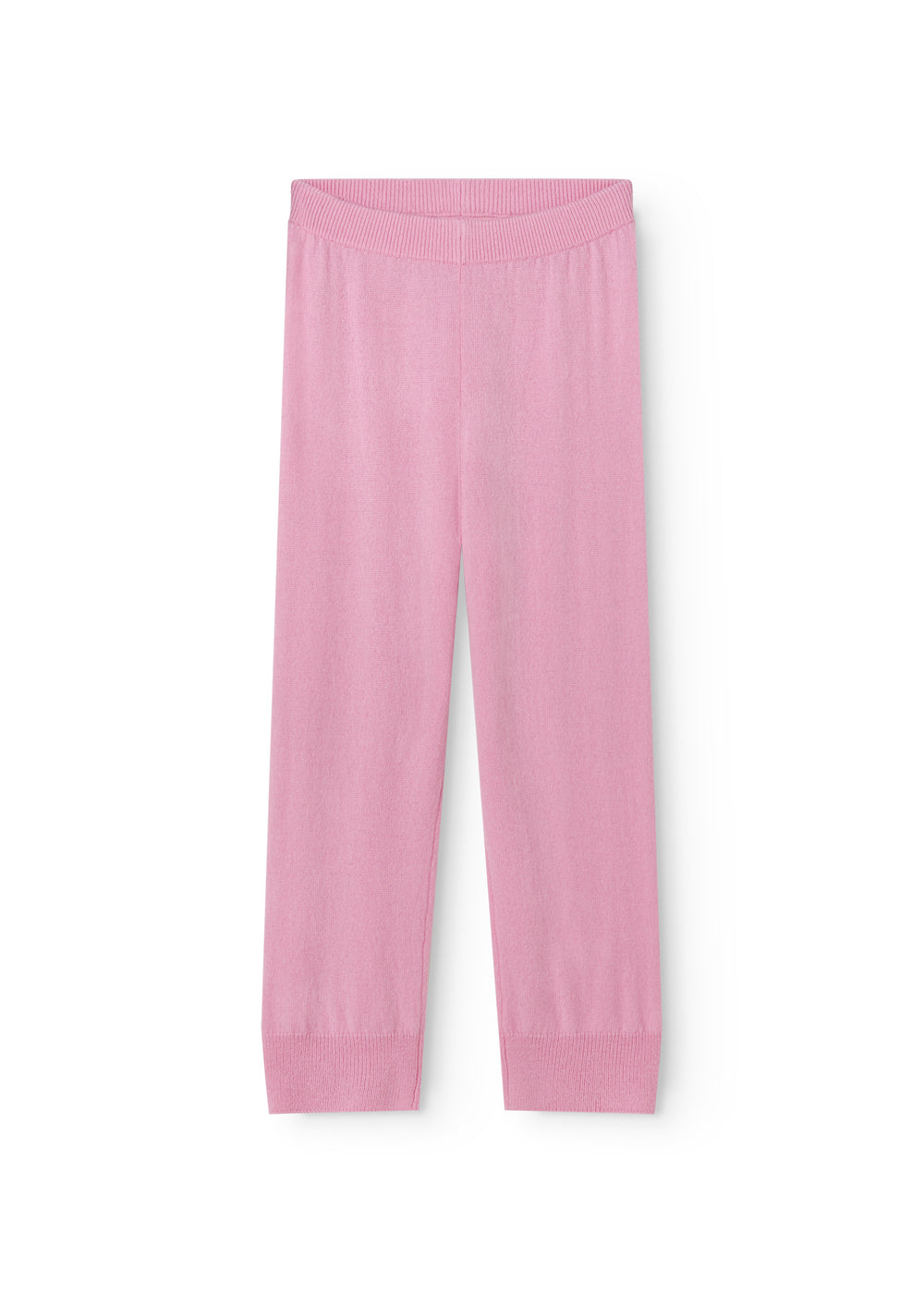 Pink Kashmir pants with elastic waistband and long legs.