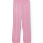 Pink Kashmir pants with elastic waistband and long legs.