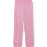 Pink Kashmir pants with elastic waistband and long legs.