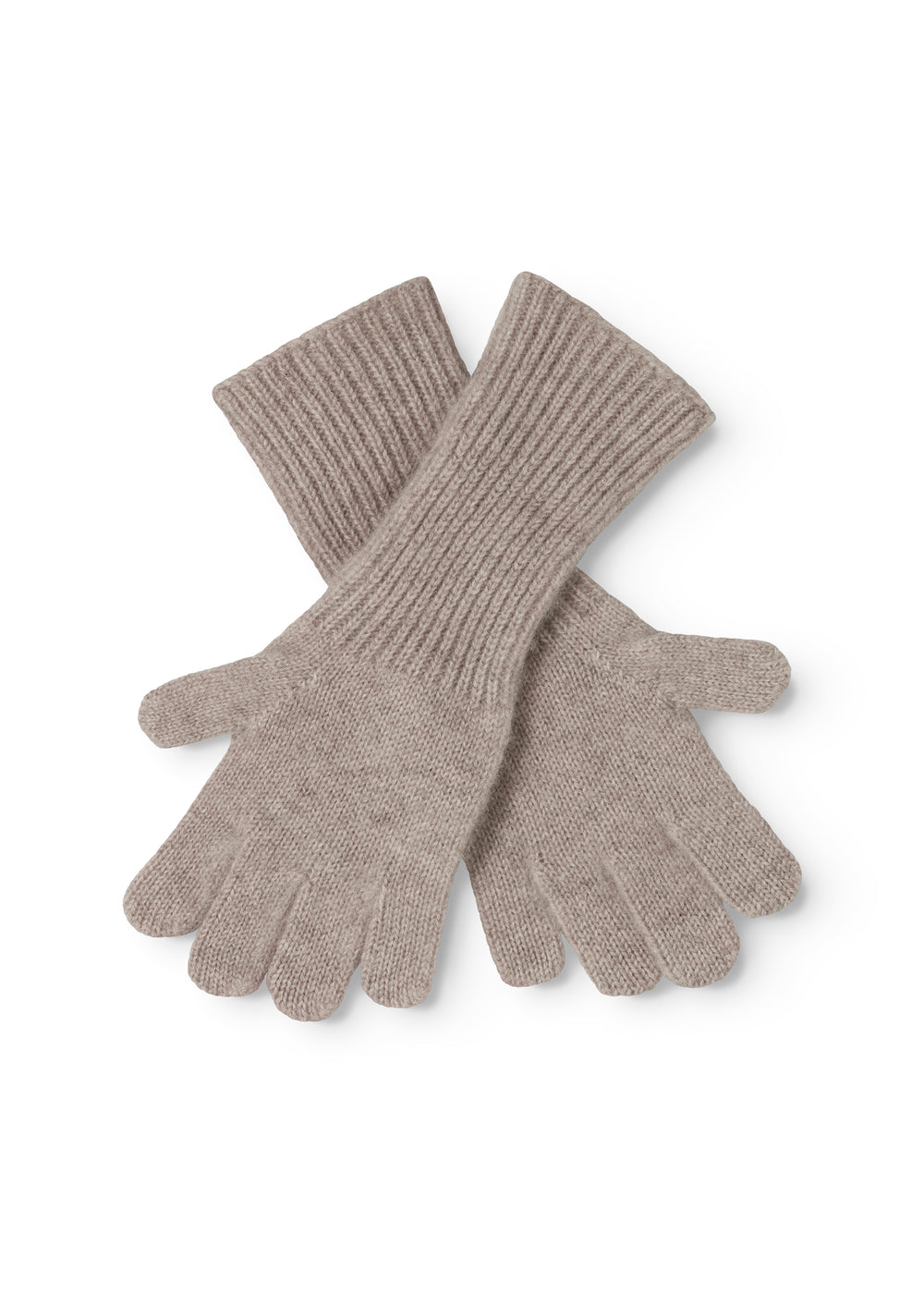Long knitted gloves in sand-colored blend with five fingers and ribbed edge.