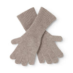 Long knitted gloves in sand-colored blend with five fingers and ribbed edge.