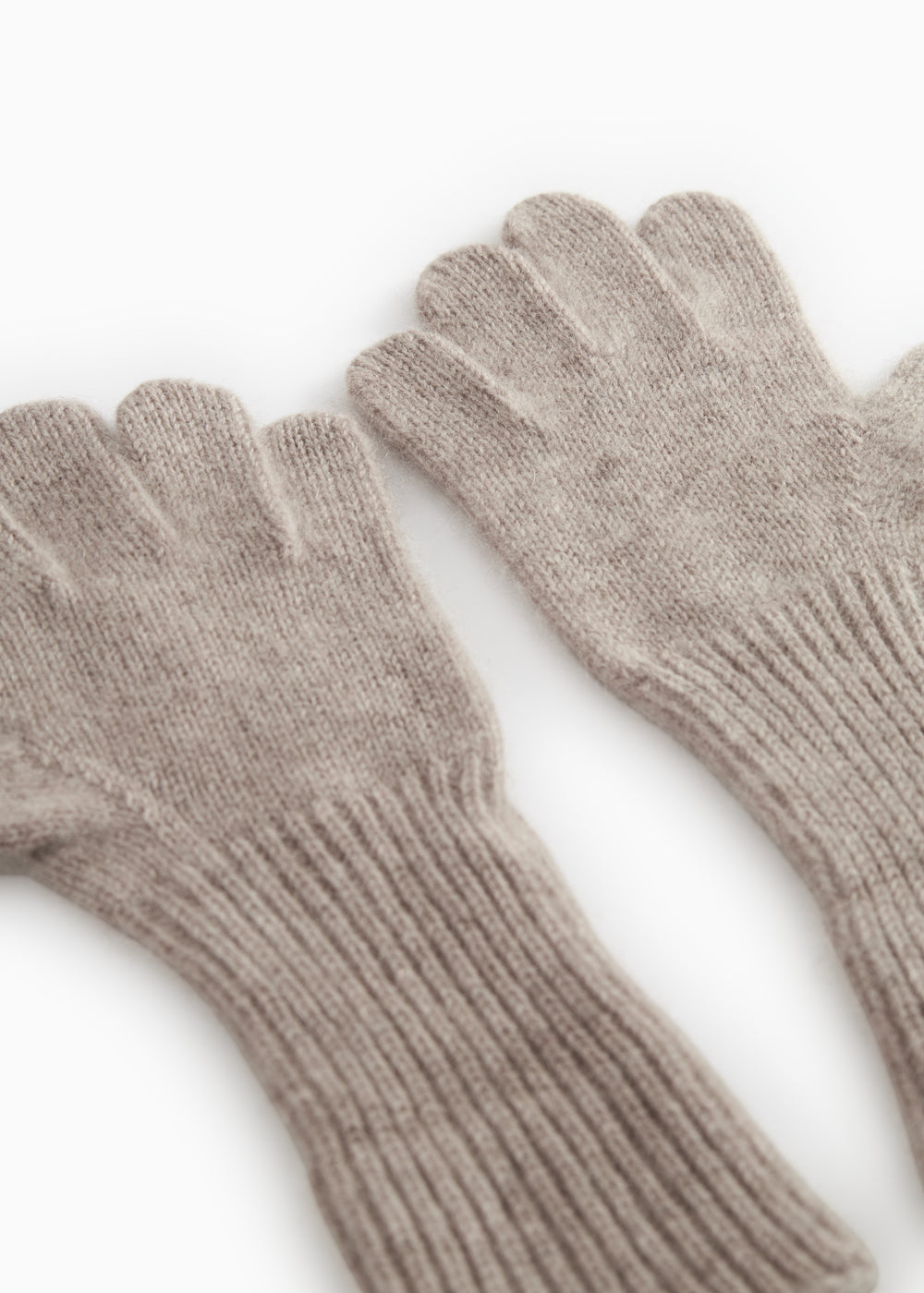 Very long sand-colored work gloves with five fingers and a ribbed finish.