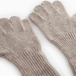Very long sand-colored work gloves with five fingers and a ribbed finish.